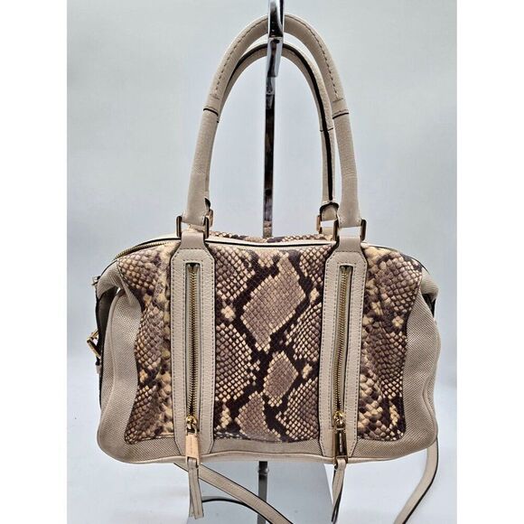 Michael Kors Snakeskin-Print Beige Leather Shoulder Bag With Gold-Tone Accents & - Picture 1 of 16